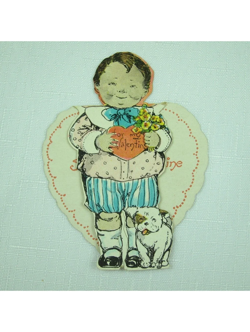 Vintage Valentine Boy Dog Yellow Flowers Stand Up Diecut 1920s-30s UNSIGNED